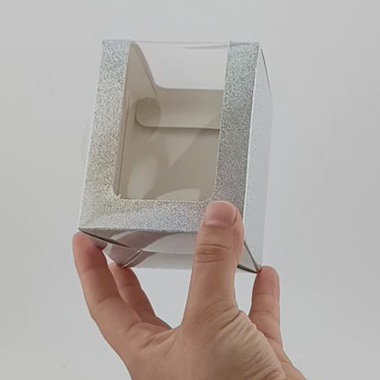 Caja Decorativa Cuadrada para Velas – Plateada con Brillos - Ventana Transparente | Chica 8x10 cm