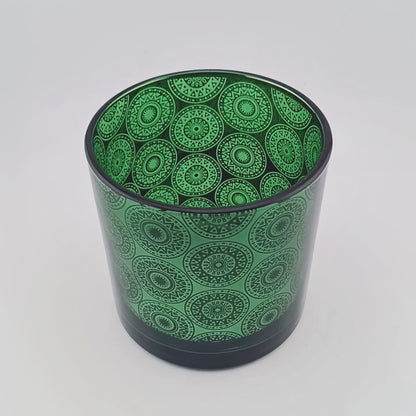 560ml - Mónaco Vaso de vidrio para velas - Verde / Negro con Mandalas Zen Paz Vaso para Vela Meditación Metálico