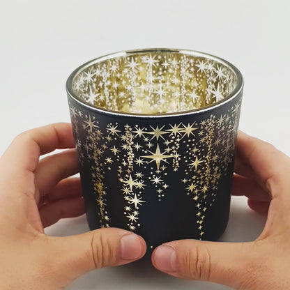 300ml - Mónaco Vaso de vidrio para velas - Negro Mate / Metálico con Siluetas de Estrellas