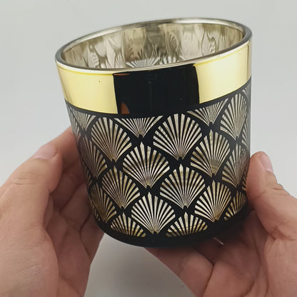 560ml - Mónaco Vaso de vidrio para velas - Dorado Metalico / Negro Mate con Silueta de Mandalas