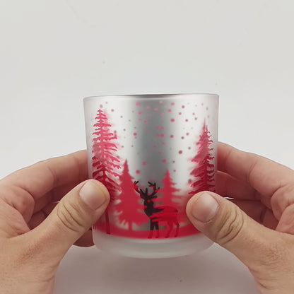 300ml - Mónaco Vaso de vidrio para velas - Plateado Mate y Rojo Metálico con Renos Pinos de Navidad