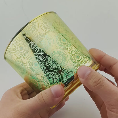 560ml - Mónaco Vaso de vidrio para velas - Dorado / Azul Turquesa con Mandalas Zen Paz Vaso para Vela Meditación - Metálico