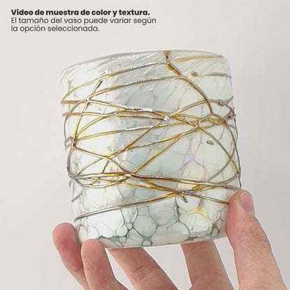 500ml - Florencia Vaso de vidrio soplado artesanal - Frasco Blanco Marmoleado / Telarañas Dorado Caramelo - Hecho a mano