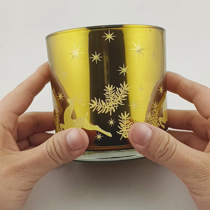300ml - Mónaco Vaso de vidrio para velas - Dorado con Silueta de Estrellas Renos Navideñas