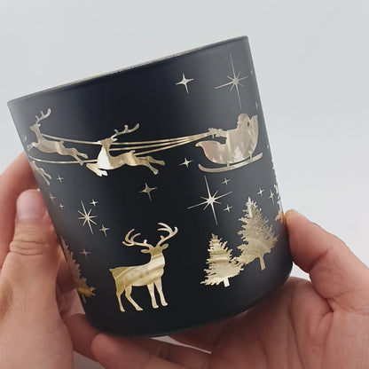 560ml - Mónaco Vaso de vidrio para velas - Negro Mate / Metálico con Siluetas de Pino y Reno