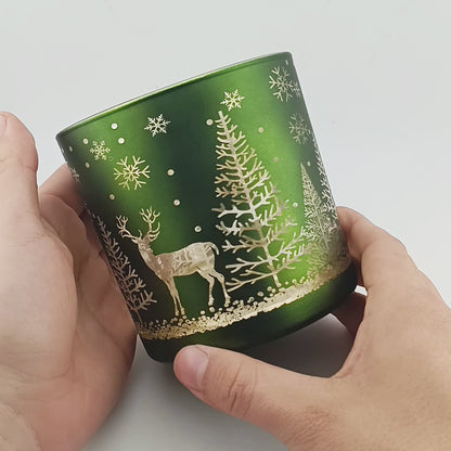 560ml - Mónaco Vaso de vidrio para velas - Verde Mate / Metálico con Silueta de Pinos de Navidad y Renos