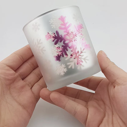 300ml - Mónaco Vaso de vidrio para velas - Blanco Mate / Rosa Metálico con Copos de Nieve - Diseño navideño