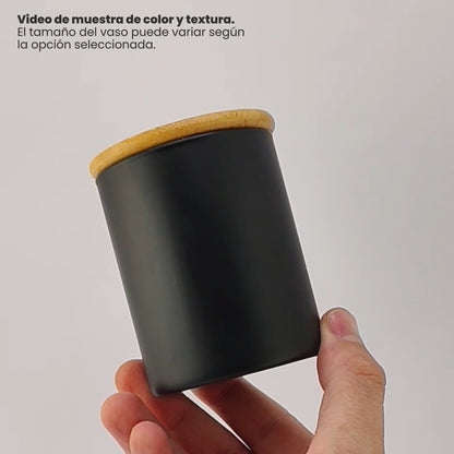 210ml - Bali Vaso de Vidrio para Velas de Masaje con Tapa de Bambú - Frasco con Boquilla vertedora - Negro Mate