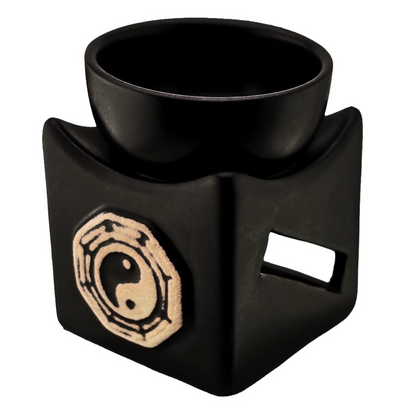 Quemador de Cera Cuadrado - Fundidor de Cerámica para Wax Melts - Negro Mate con Diseño Yin Yang - Candle Craft