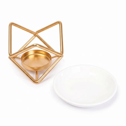 Quemador de Cera para Wax Melts - Calentador de Cera Aromática con Plato de Cerámica - Dorado - Diseño Geométrico - Candle Craft