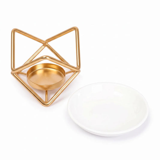 Quemador de Cera para Wax Melts - Calentador de Cera Aromática con Plato de Cerámica - Dorado - Diseño Geométrico - Candle Craft