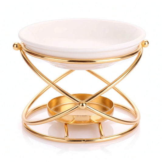 Quemador de Cera para Wax Melts - Calentador de Cera Aromática de Metal con Plato de Cerámica - Dorado - Diseño Circular - Candle Craft