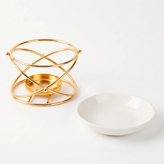 Quemador de Cera para Wax Melts - Calentador de Cera Aromática de Metal con Plato de Cerámica - Dorado - Diseño Circular - Candle Craft