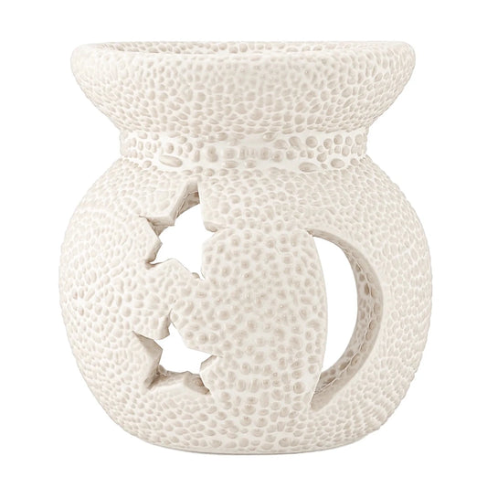 Quemador de Cera Redondo - Fundidor de Cerámica para Wax Melts - Blanco con Relieve - Diseño Luna y Estrellas - Candle Craft