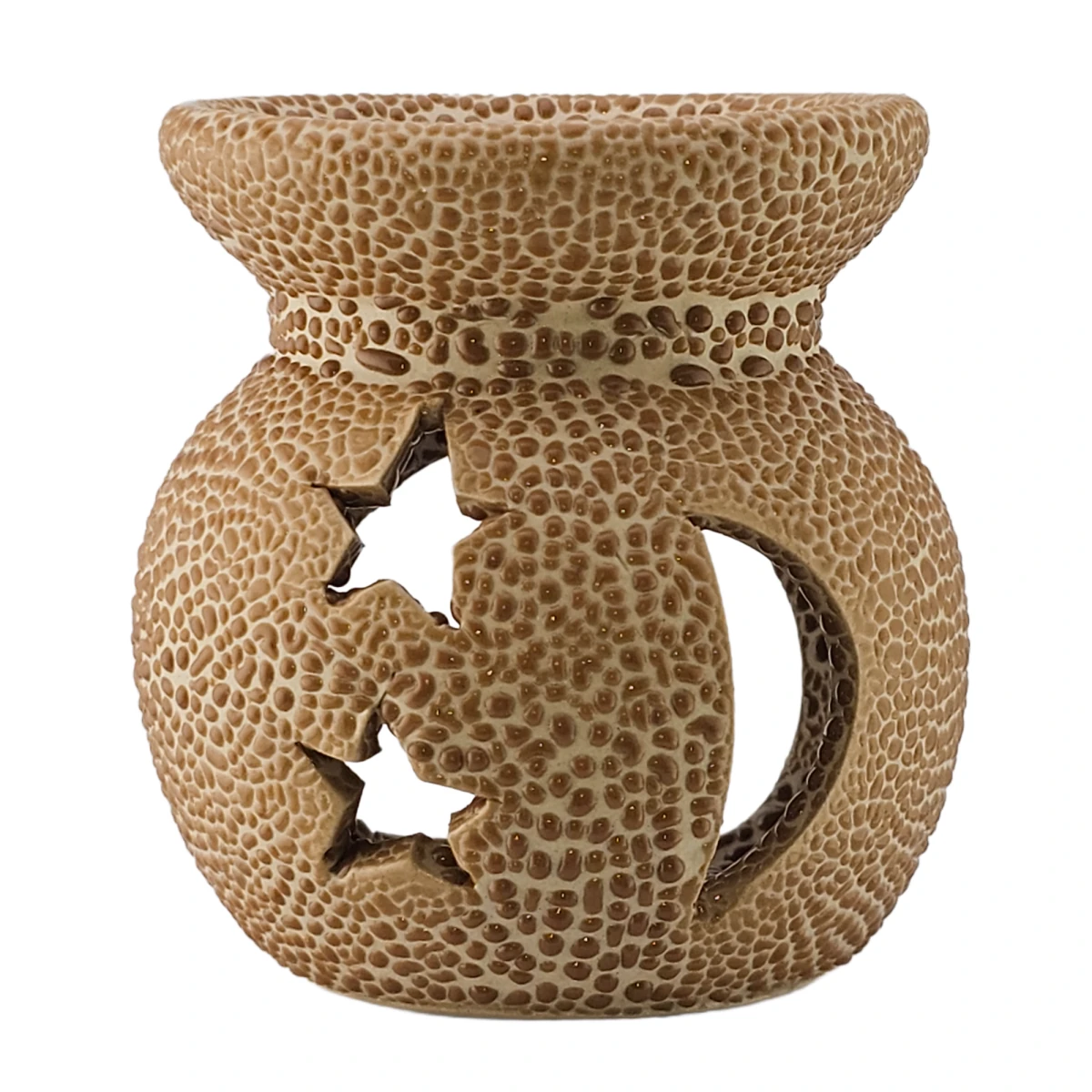 Quemador de Cera Redondo - Fundidor de Cerámica para Wax Melts - Café con Relieve - Diseño Luna y Estrellas - Candle Craft
