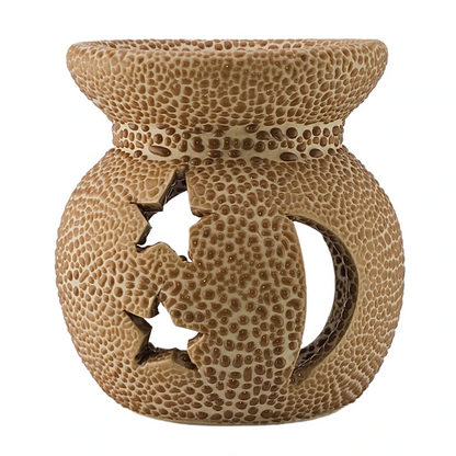 Quemador de Cera Redondo - Fundidor de Cerámica para Wax Melts - Café con Relieve - Diseño Luna y Estrellas - Candle Craft