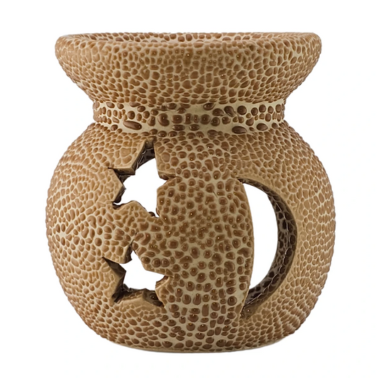 Quemador de Cera Redondo - Fundidor de Cerámica para Wax Melts - Café con Relieve - Diseño Luna y Estrellas - Candle Craft