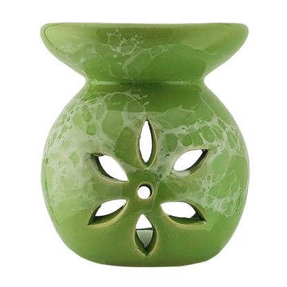 Quemador de Cera Redondo - Fundidor de Cerámica para Wax Melts - Verde y Blanco - Diseño Flor - Candle Craft