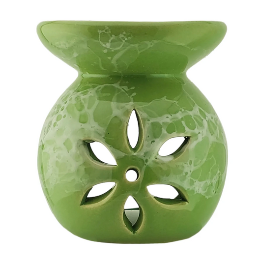 Quemador de Cera Redondo - Fundidor de Cerámica para Wax Melts - Verde y Blanco - Diseño Flor - Candle Craft