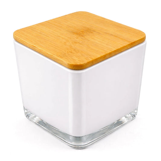 Set 330ml Glasgow Vaso cuadrado de vidrio para velas Blanco Brillante + Tapa de Bambú Cuadrada con Anillo de Silicón - Candle Craft