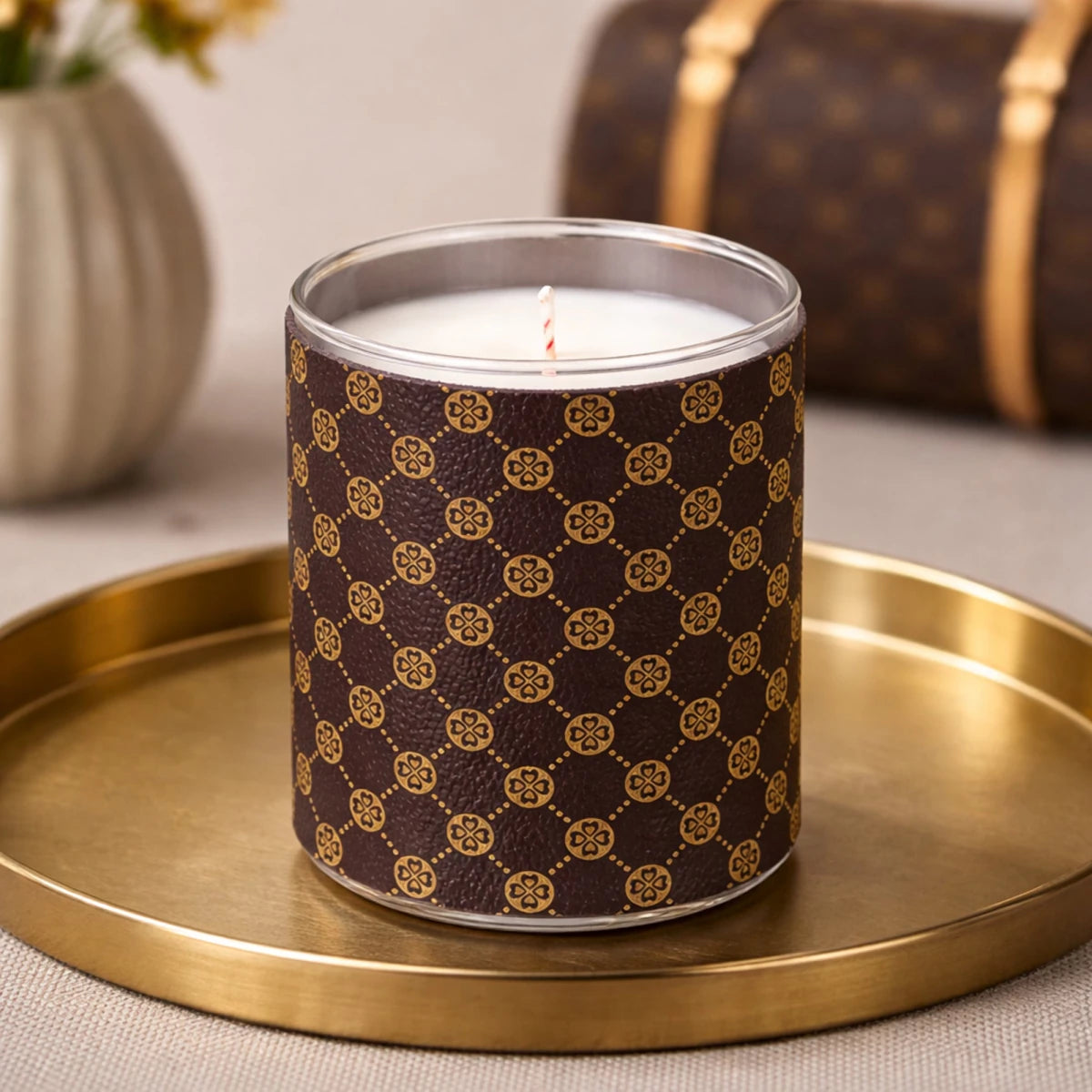 Set 560ml Mónaco Vaso de Vidrio para Velas - Frasco con Funda Decorativa Café con Dorado - Candle Craft
