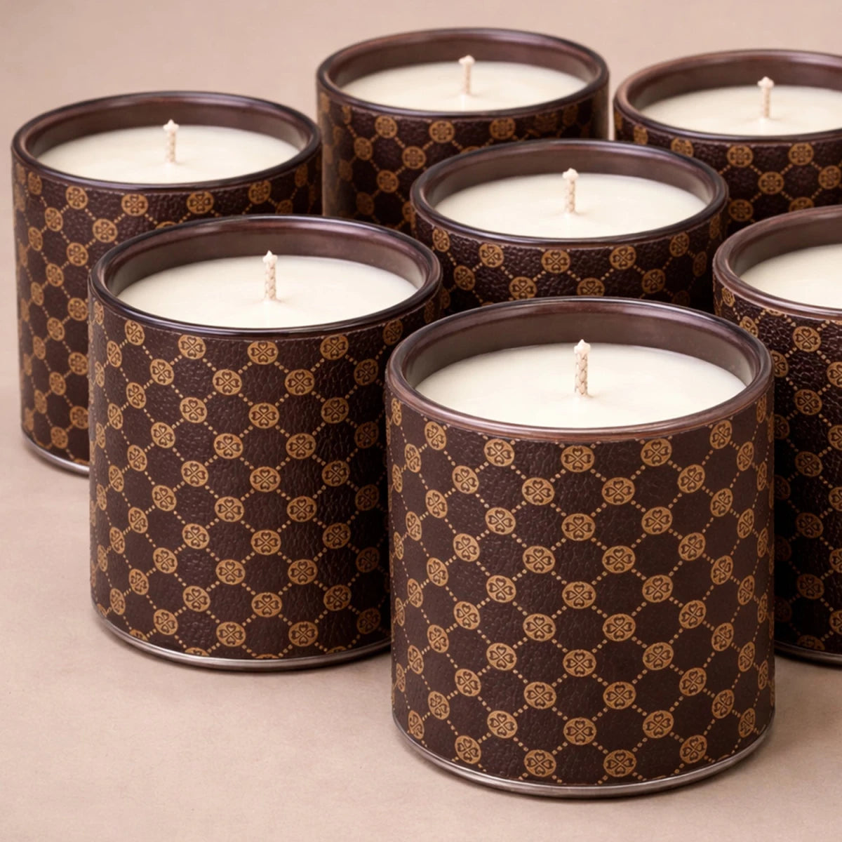 Set 560ml Mónaco Vaso de Vidrio para Velas - Frasco con Funda Decorativa Café con Dorado - Candle Craft