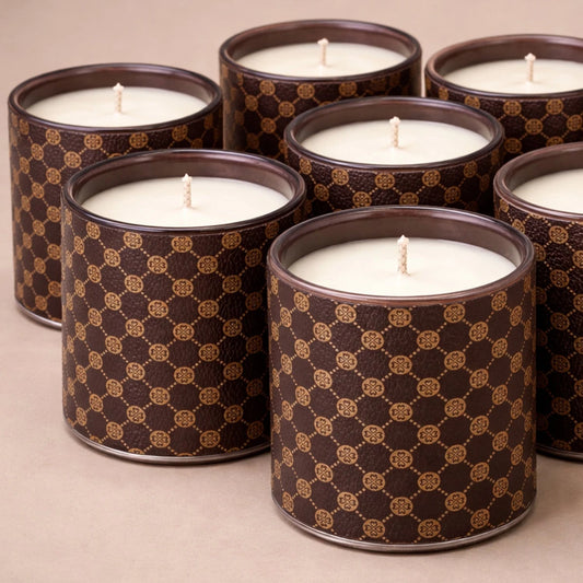 Set 560ml Mónaco Vaso de Vidrio para Velas - Frasco con Funda Decorativa Café con Dorado - Candle Craft