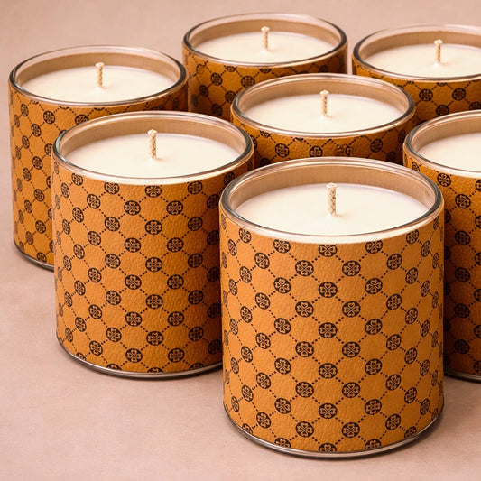 Set 560ml Mónaco Vaso de Vidrio para Velas - Frasco con Funda Decorativa Naranja con Negro - Candle Craft