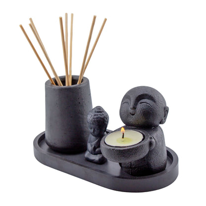 Set Holístico Buda Negro Mate | Portavelas Decorativo para Vela de Té / Tealight para Difusor Aromático | Vaso Vela Decorativa para Meditación y Aromaterapia para Espacios de Bienestar y Meditación - Candle Craft