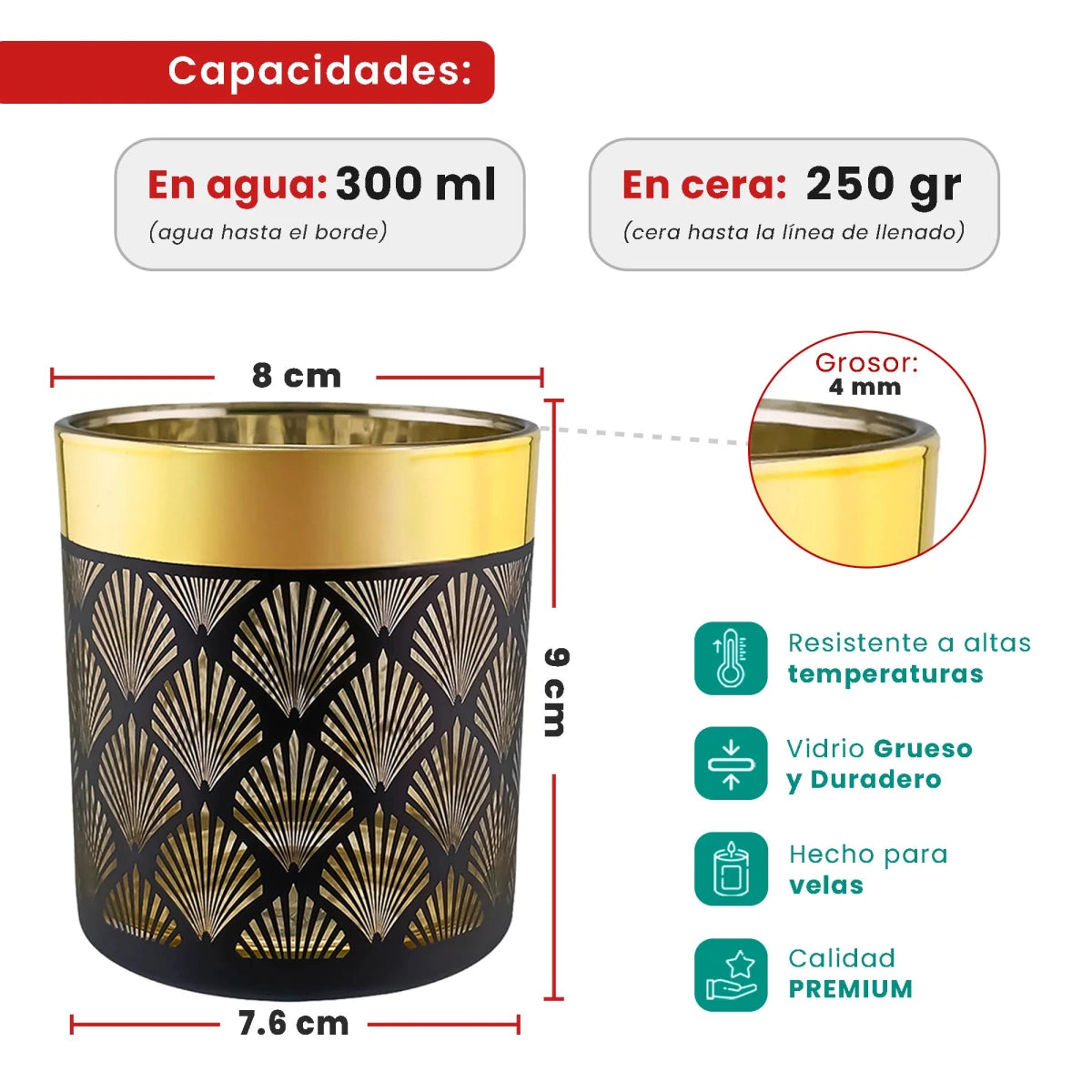 T - 300ml - Mónaco Vaso de vidrio para velas - Dorado Metalico / Negro Mate con Silueta de Mandalas - Candle Craft
