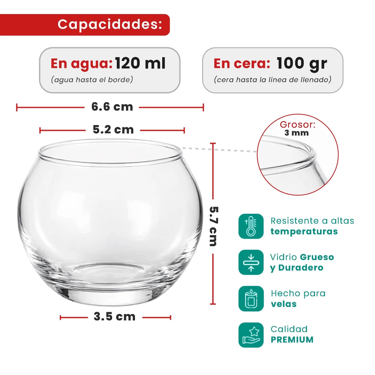 Votivos Portavelas Pecera - Vaso de vidrio para velas redonda - Transparente - 120ml - Candle Craft